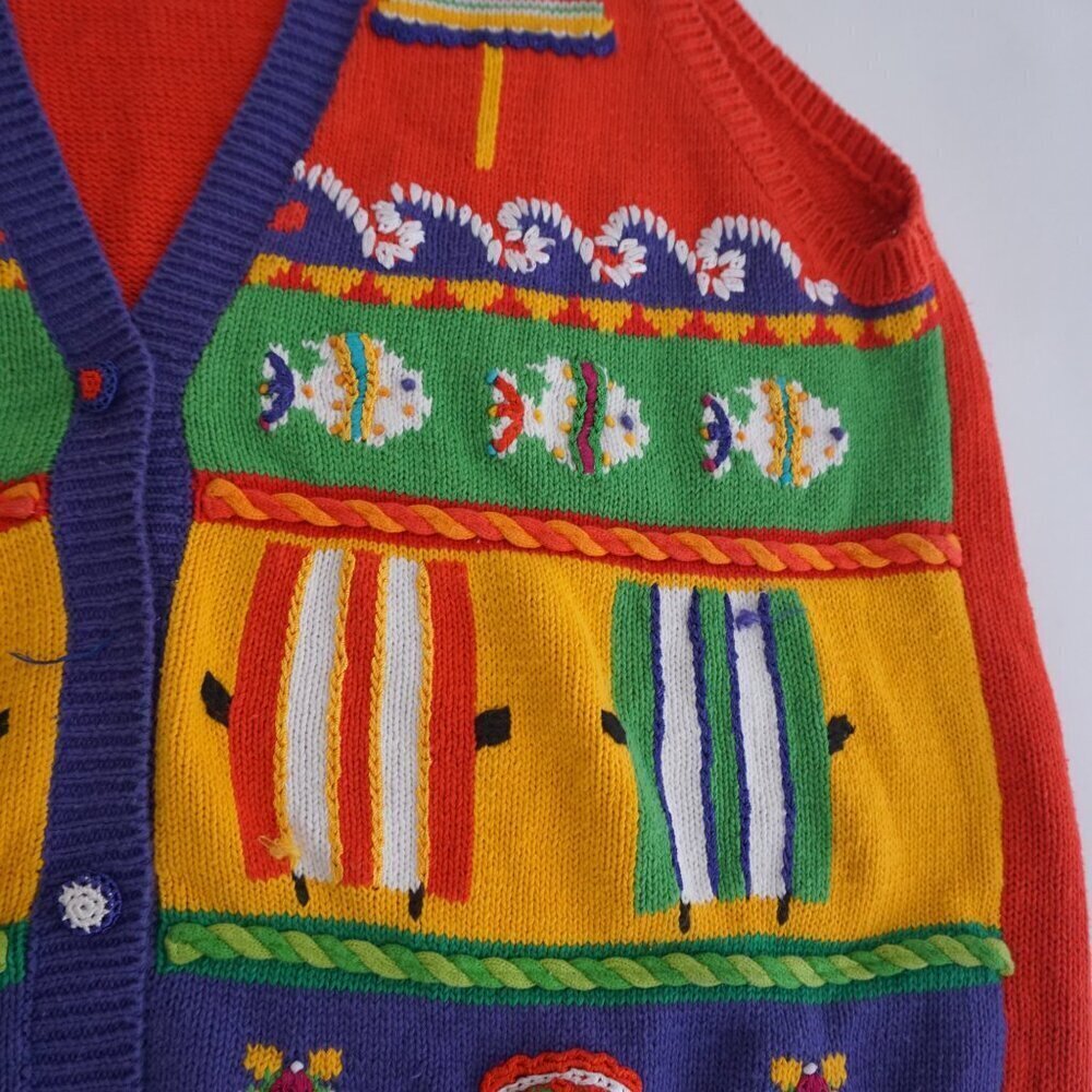 Vintage Star Blue Red Knit Beach Fish Sea Ocean Button Cardigan Sweater Vest L - Picture 6 of 12